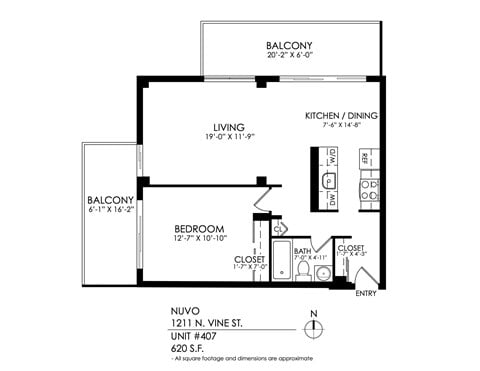 Floor plan for 1 bed, 1 bath, 680 sqft